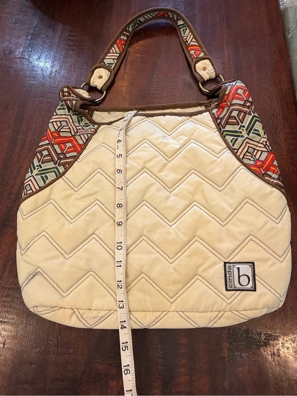 by B. Cream Quilted Shoulder Bag with Patterned Trim